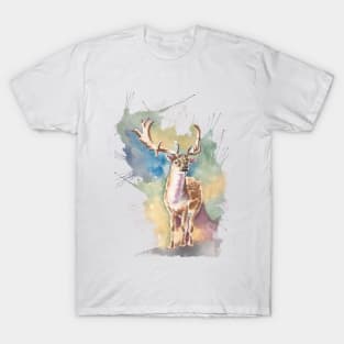 Deer Watercolor with great background multicolor T-Shirt